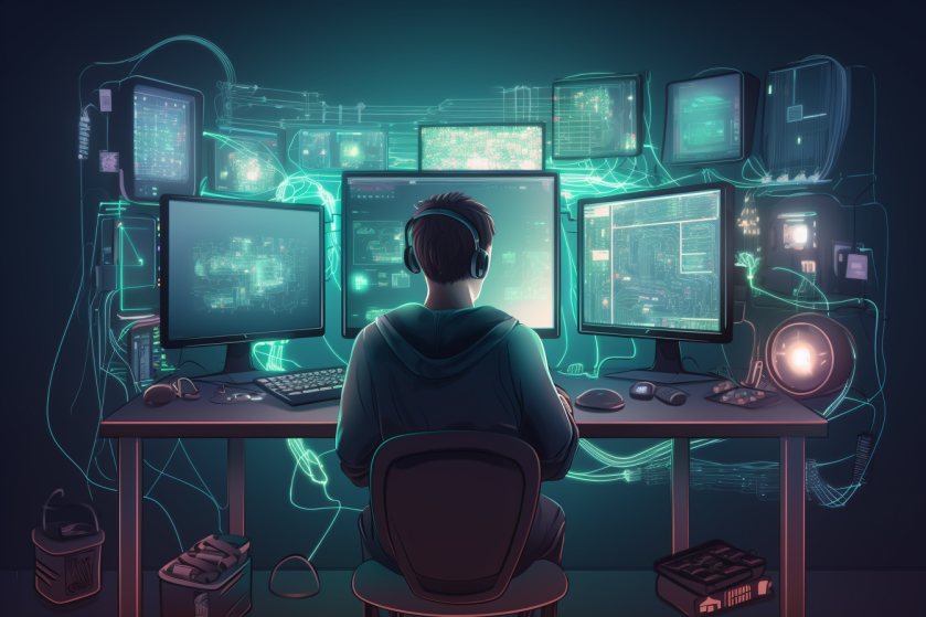 a gamer with back to us sat in a gaming chair looking a screens with lots of ethernet cables coming out everywhere