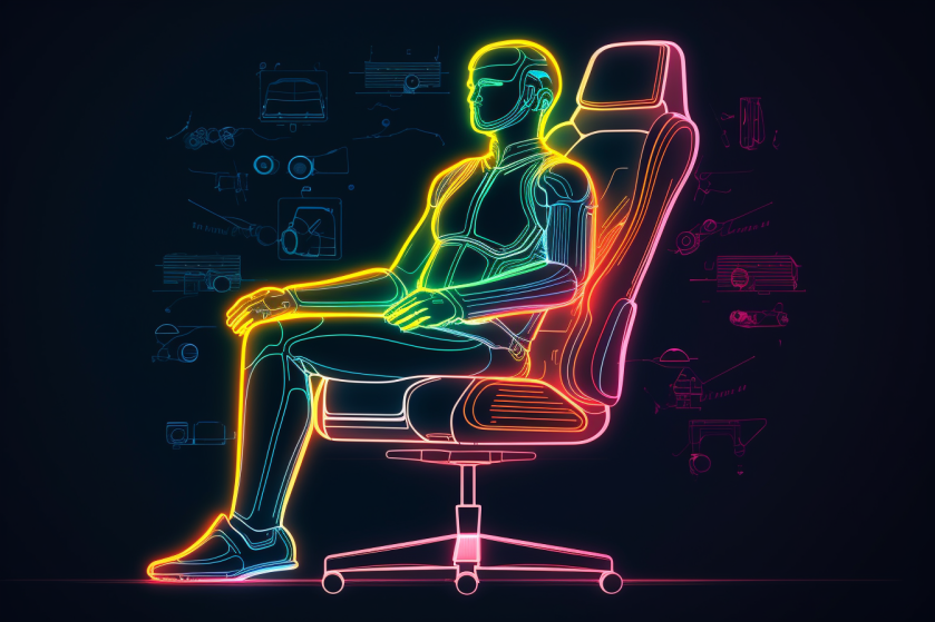 Neon person sat in a neon chair